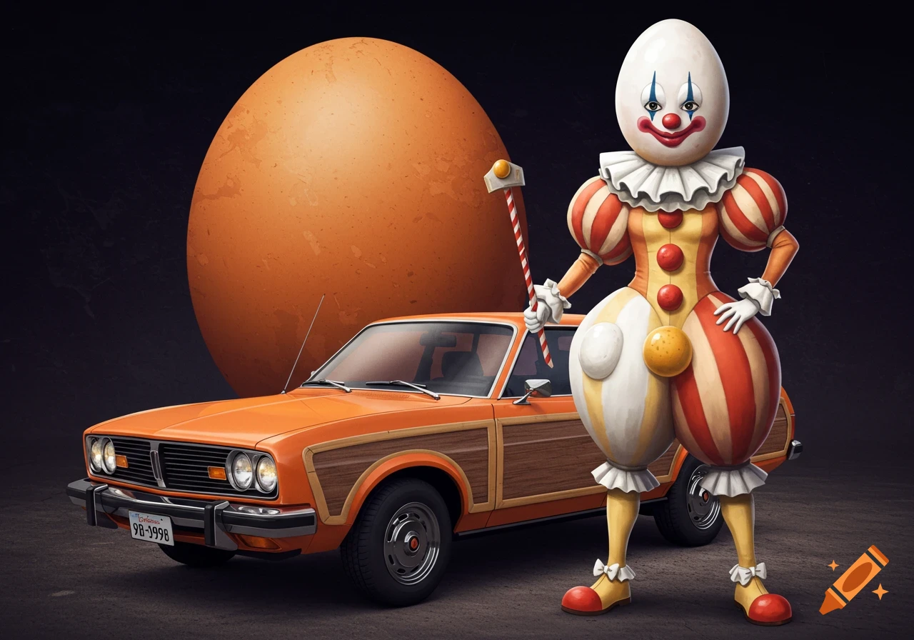 A stylized clown with an egg-shaped head and body, dressed in a striped and ruffled costume, stands beside an orange 1970s-style wood-paneled station wagon, with a giant egg in the background.