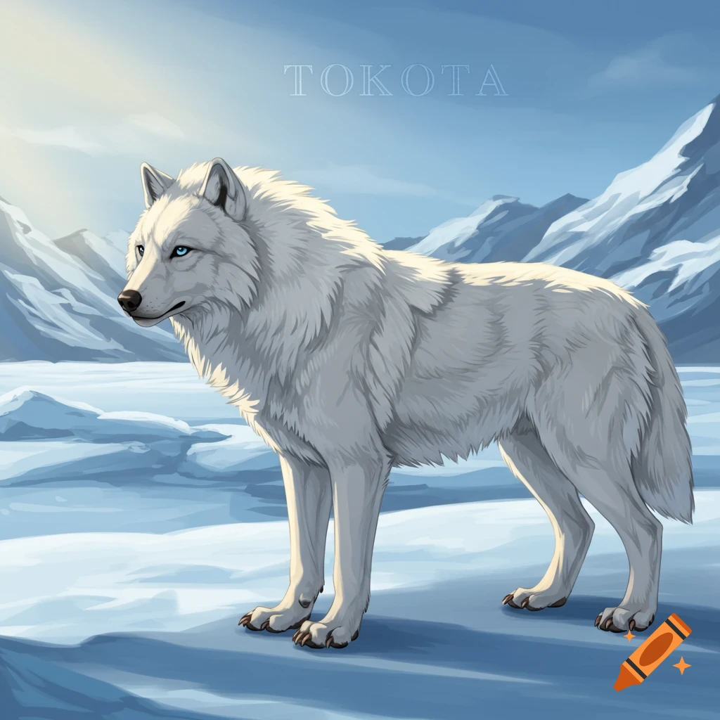 A white wolf with bright blue eyes stands in a snowy mountain landscape, digital art.