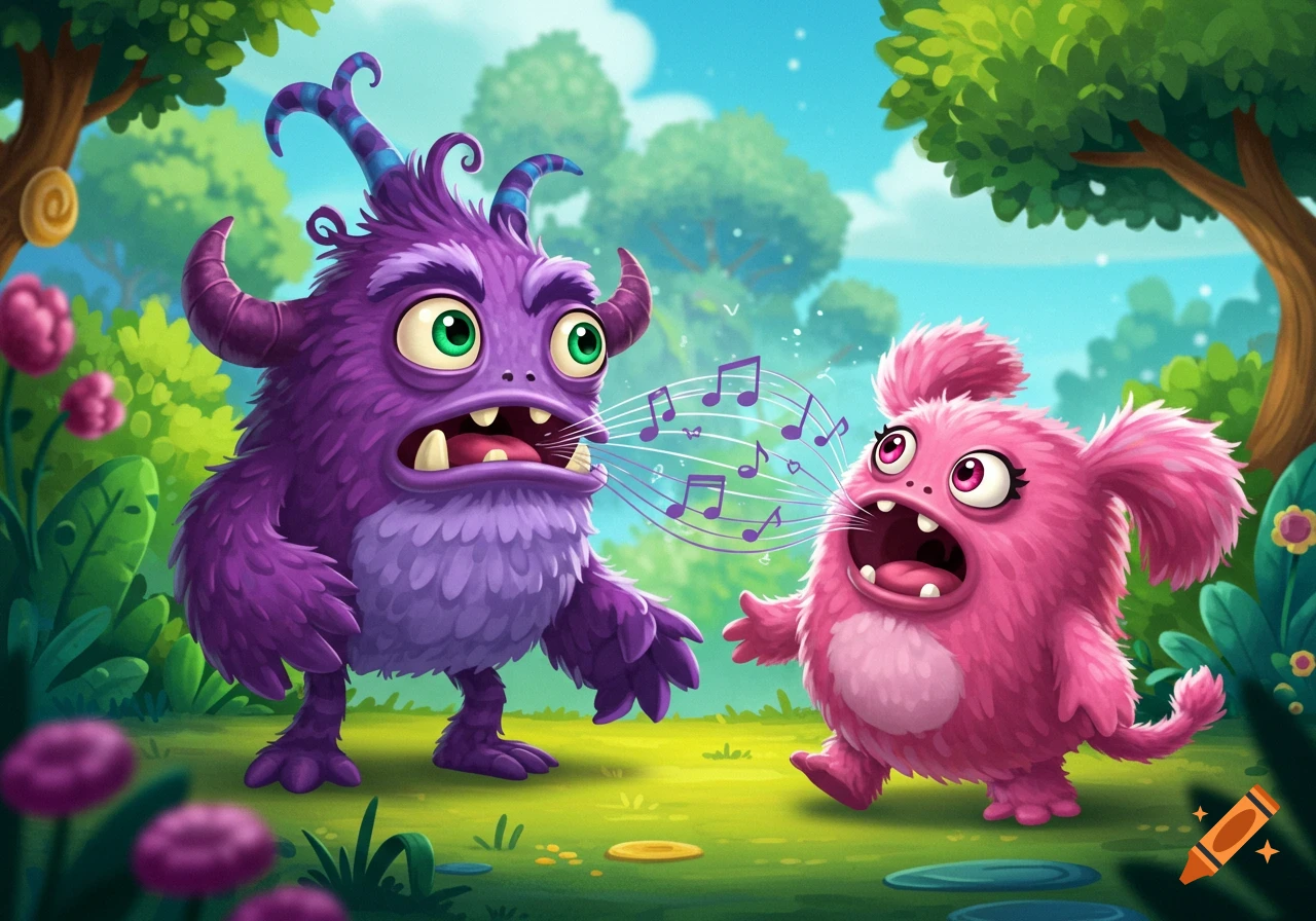 Two colorful cartoon monsters, a purple one and a pink one, in a forest with musical notes coming from the purple monster's mouth.