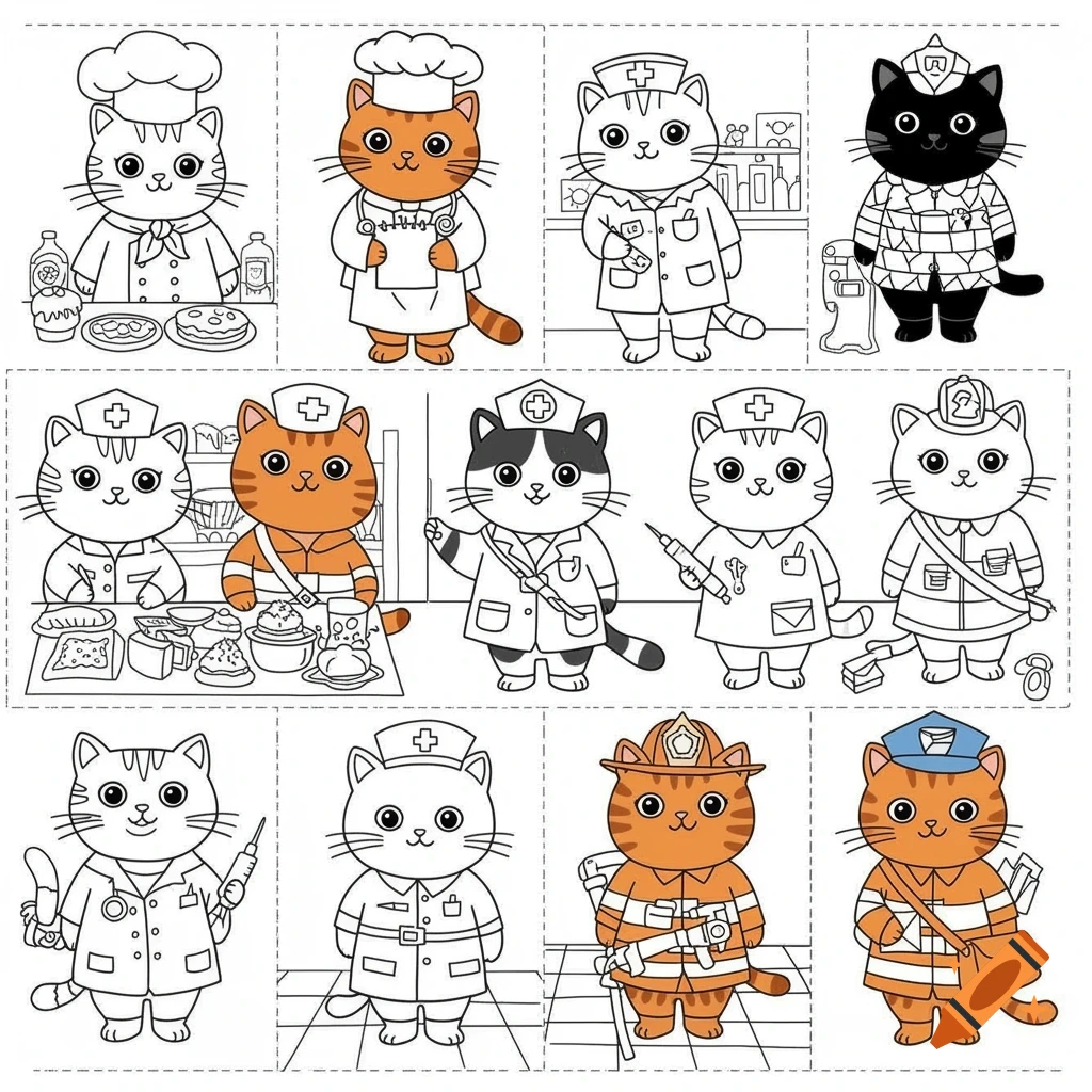 Line art illustrations of cute cats dressed as chefs, doctors, nurses, firefighters, and postmen on coloring book pages.