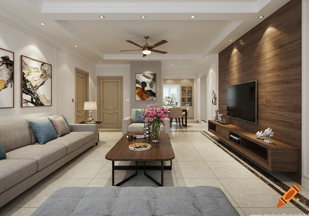 Photorealistic modern living room with a light gray sofa, wood coffee table, and a large TV mounted on a wood-paneled wall. A dining area is visible in the background.