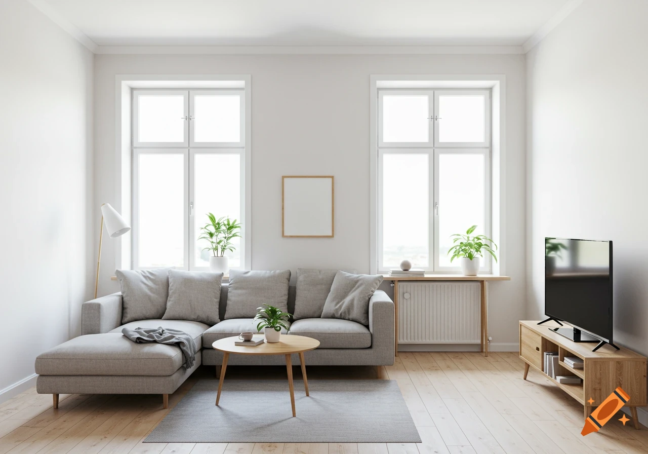A bright, modern living room with a light gray sectional sofa, a round wooden coffee table, and a TV stand. Two large windows with plants line the back wall.