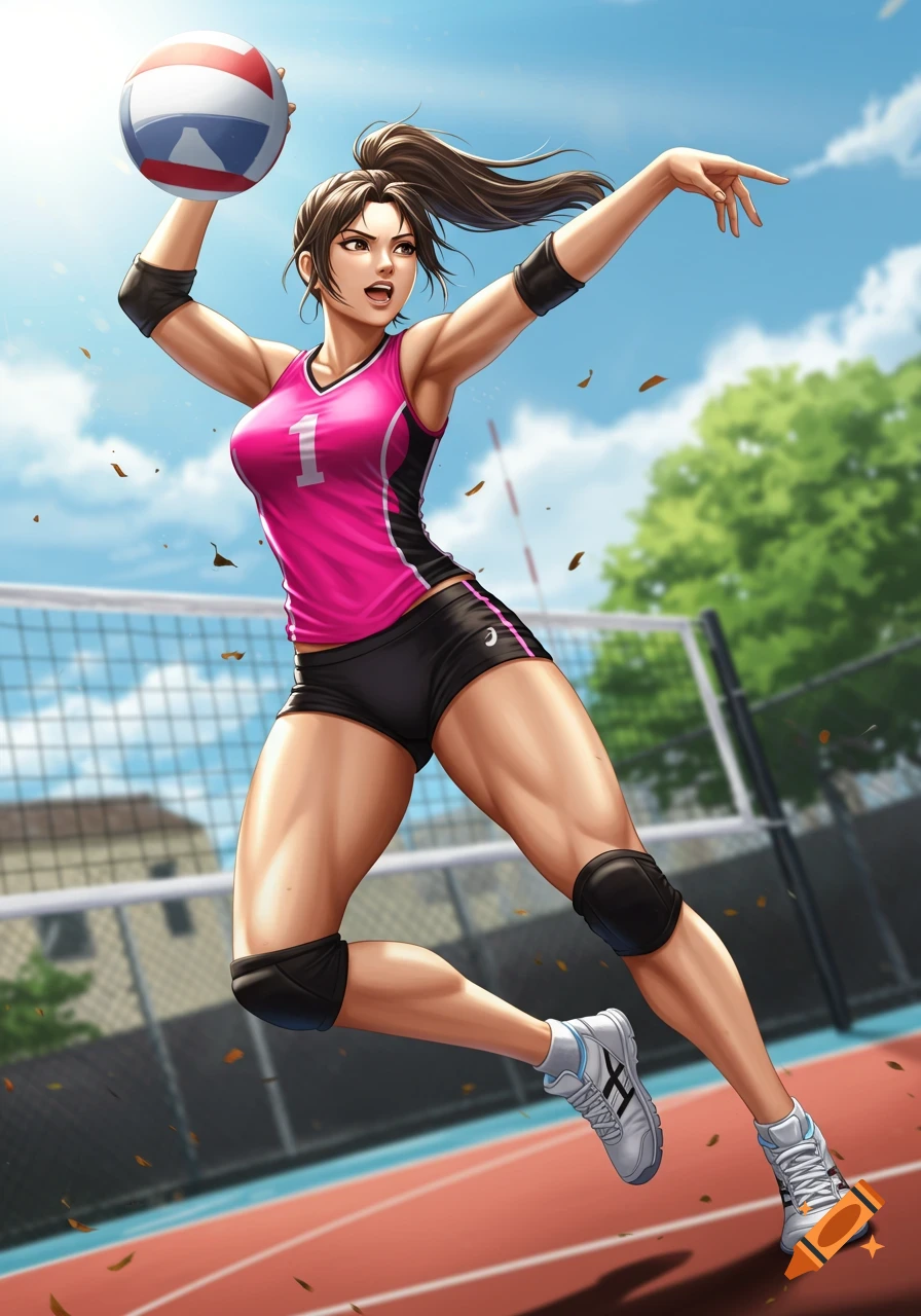Anime-style illustration of a female volleyball player in a pink uniform, mid-jump to hit the ball on a court.