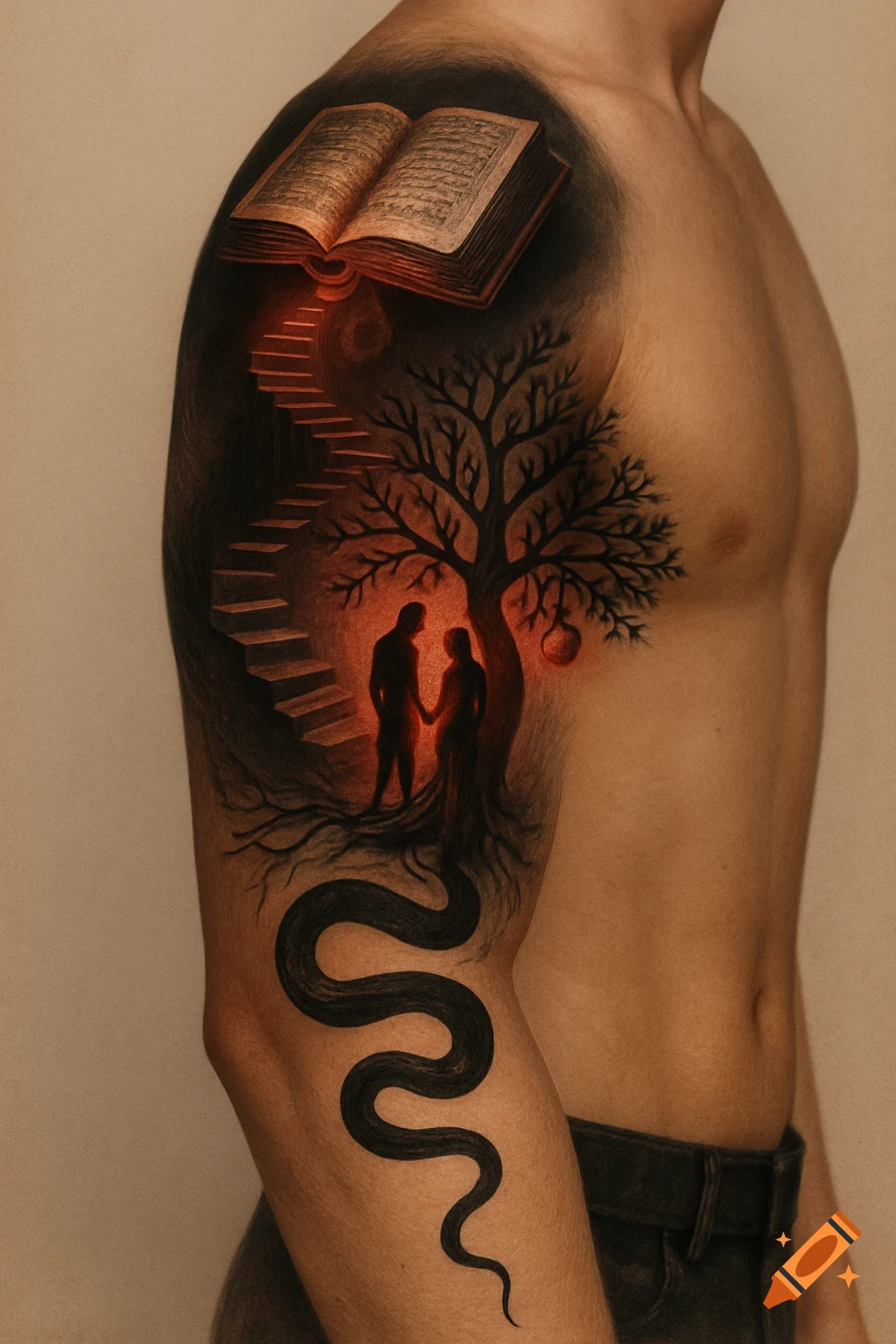 Detailed tattoo of a glowing open book, a winding staircase, a tree with two figures, and a black serpent on a person's arm.