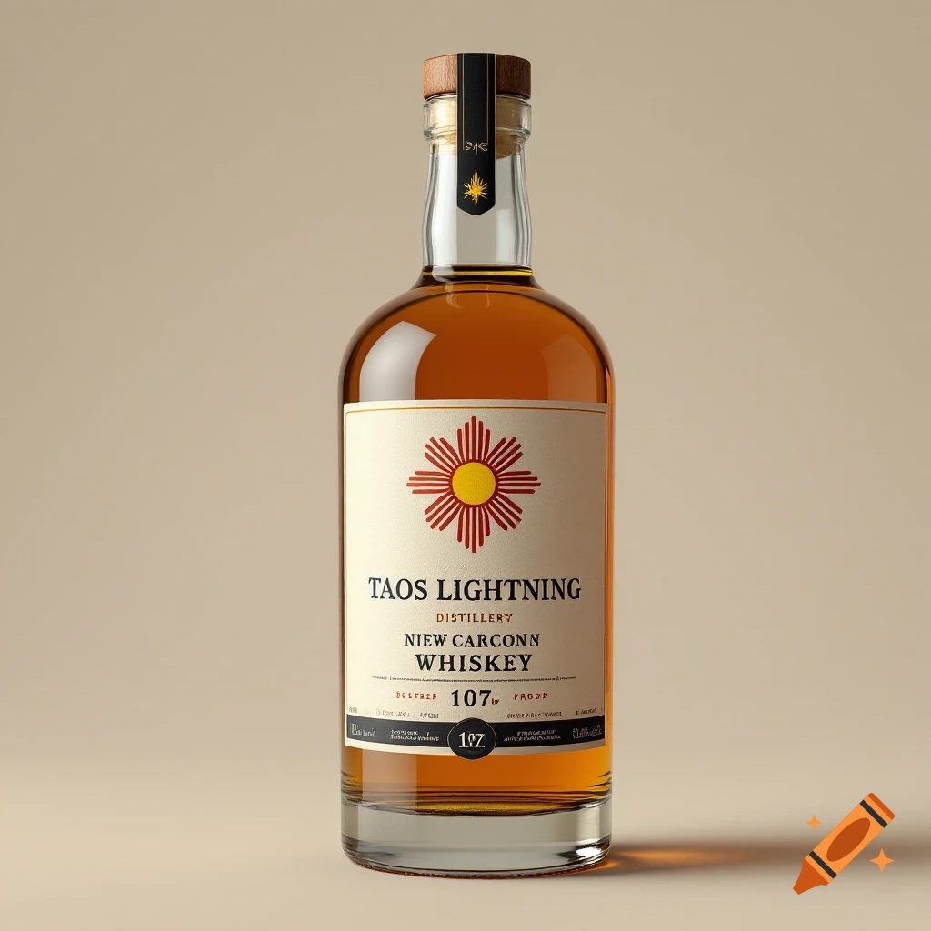 A photorealistic image of a bottle of Taos Lightning whiskey with a label featuring the New Mexico state flag symbol.