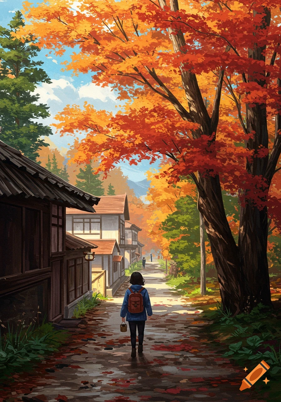 A person walks down a path lined with traditional houses and vibrant autumn trees in an anime style.