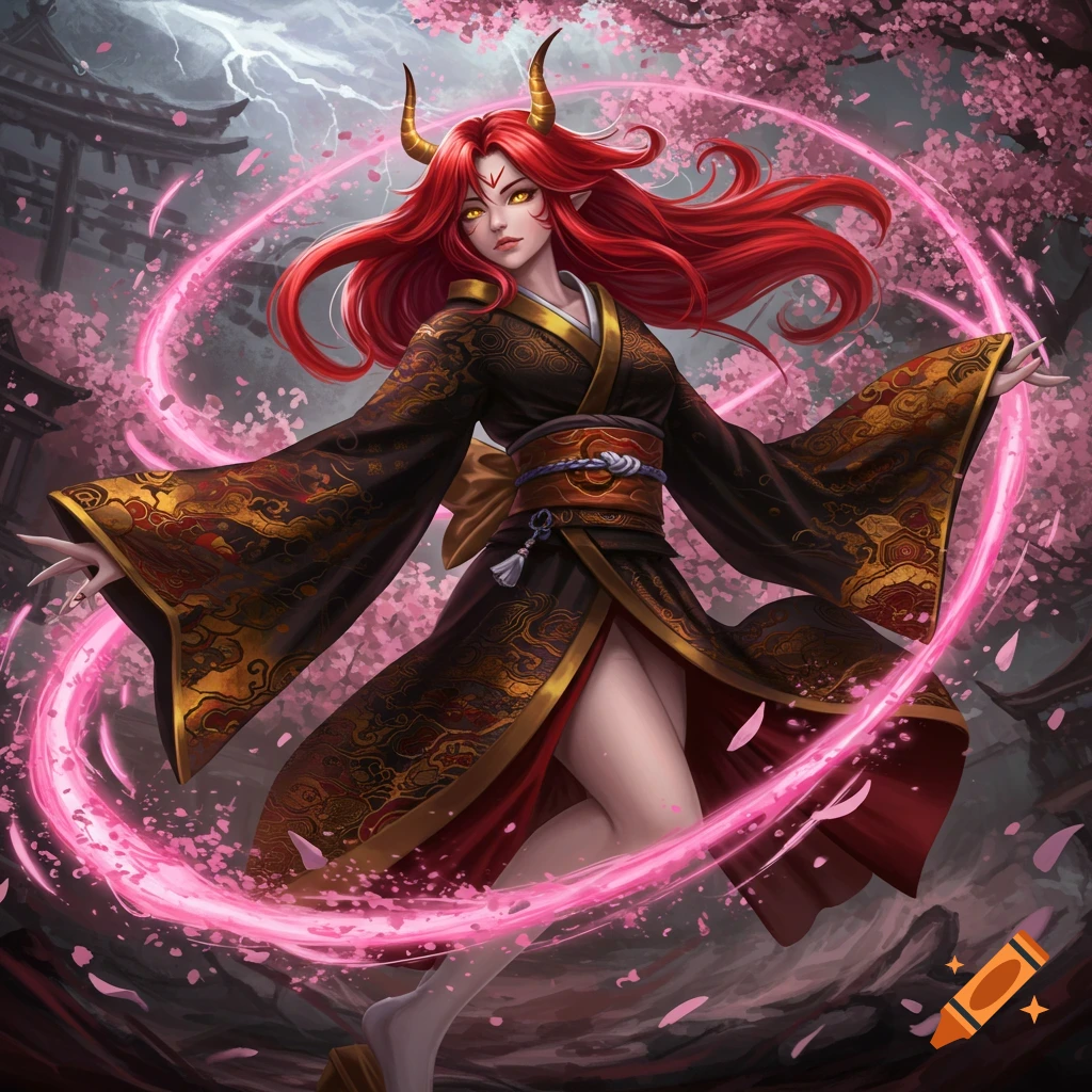 A red-haired demoness in a black and gold kimono, surrounded by swirling pink cherry blossoms, with a Japanese temple backdrop.