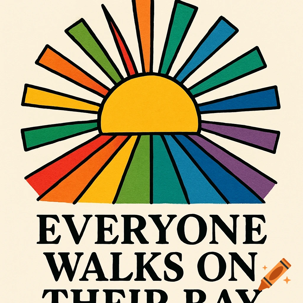 A stylized sun with vibrant rainbow-colored rays radiating outwards, with the text 'EVERYONE WALKS ON THEIR RAY' below it.