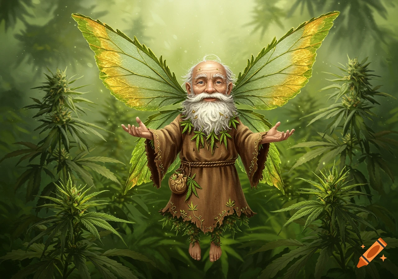 An old man with a long white beard, leaf wings, and a robe adorned with marijuana leaves stands in a field of cannabis plants.