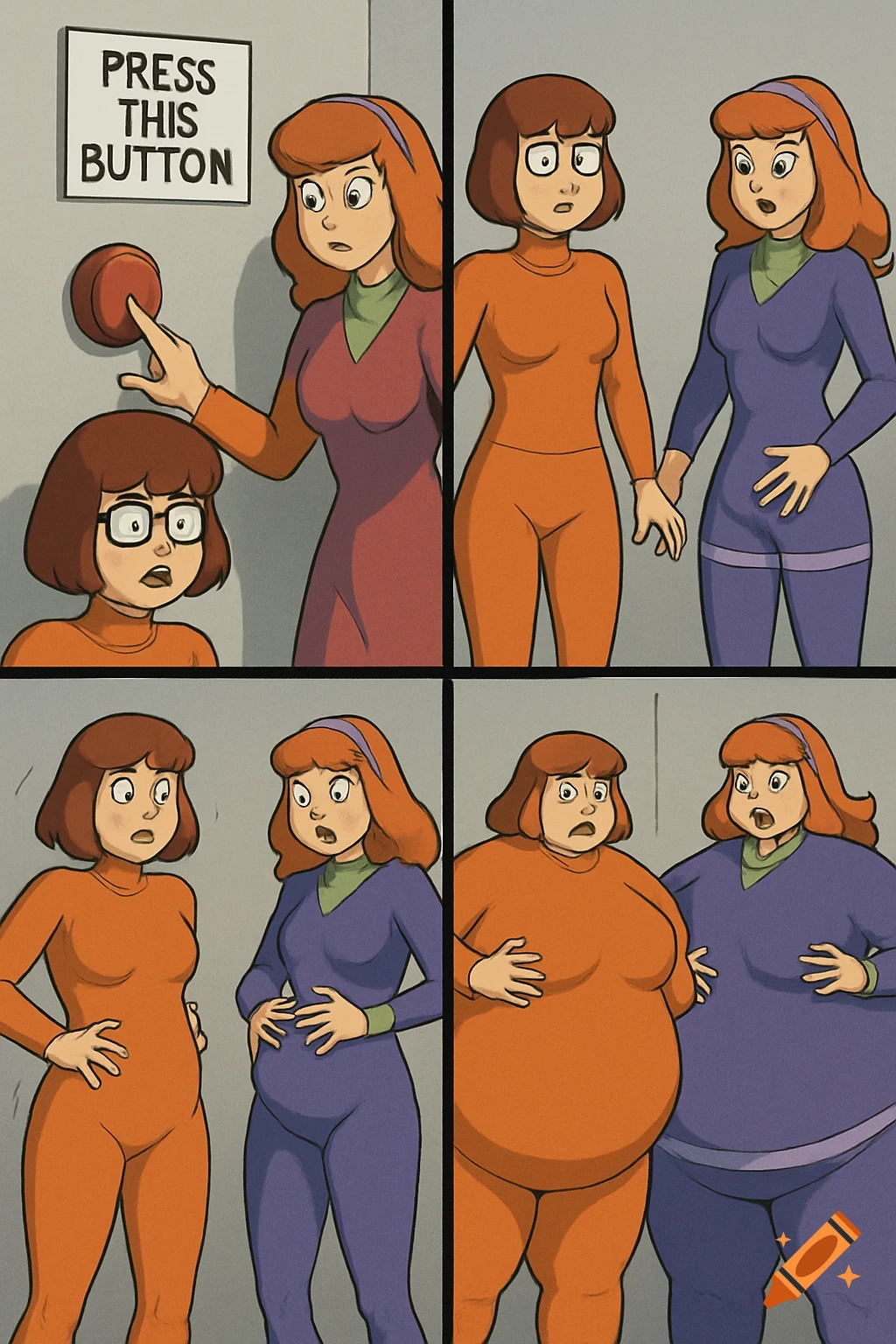 A four-panel cartoon of Velma and Daphne from Scooby-Doo transforming into large, round figures after Velma presses a button.