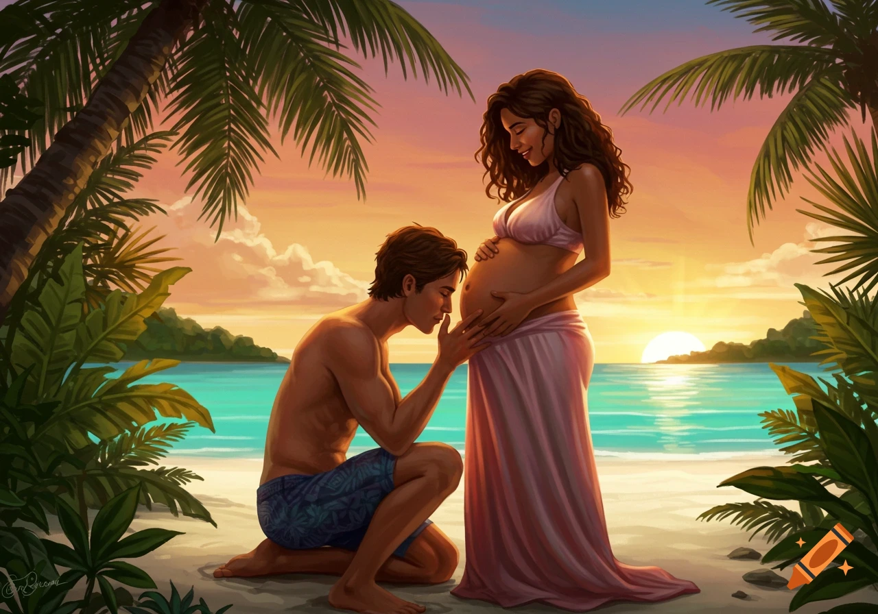 An illustrated scene of a man kneeling to kiss a pregnant woman's bare belly on a tropical beach at sunset.