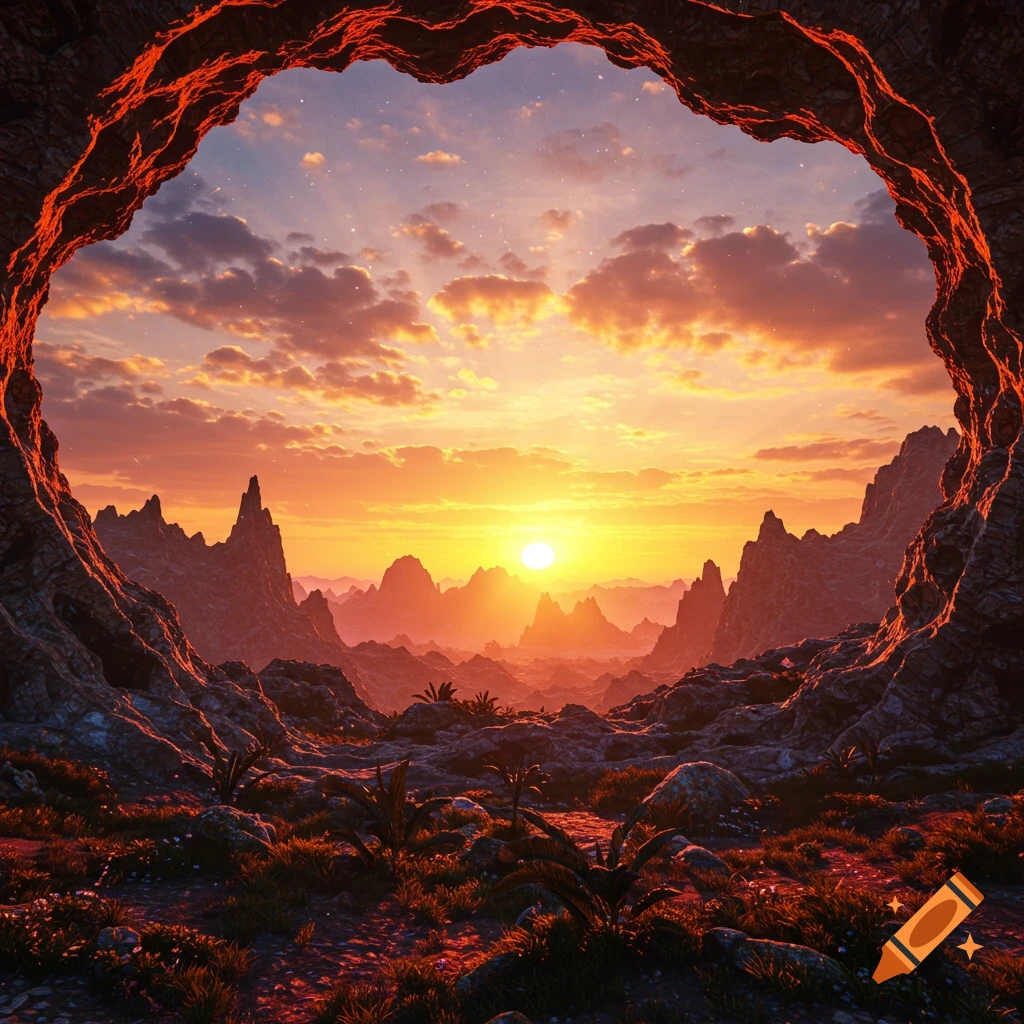 A vibrant sunset viewed through a cave opening, showing a mystical ...