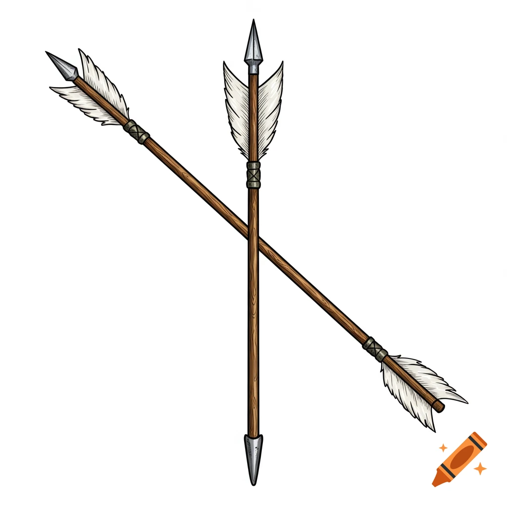 Two hand-drawn archery arrows with wooden shafts, metallic arrowheads, and white feathers, crossed on a white background.