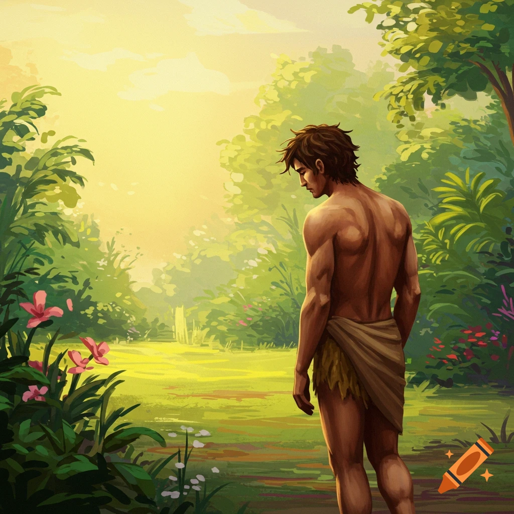 A man, Adam, in a loincloth, walks away from a brightly lit, lush garden.