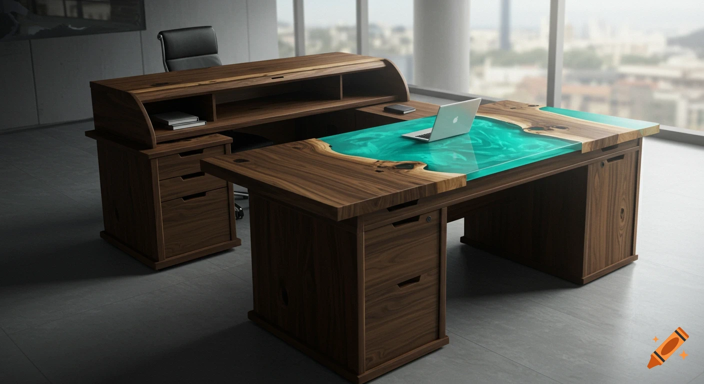 A photorealistic image of a modern L-shaped executive desk crafted from dark wood with a vibrant turquoise epoxy river flowing through its surface, placed in a contemporary office setting with large windows overlooking a city.