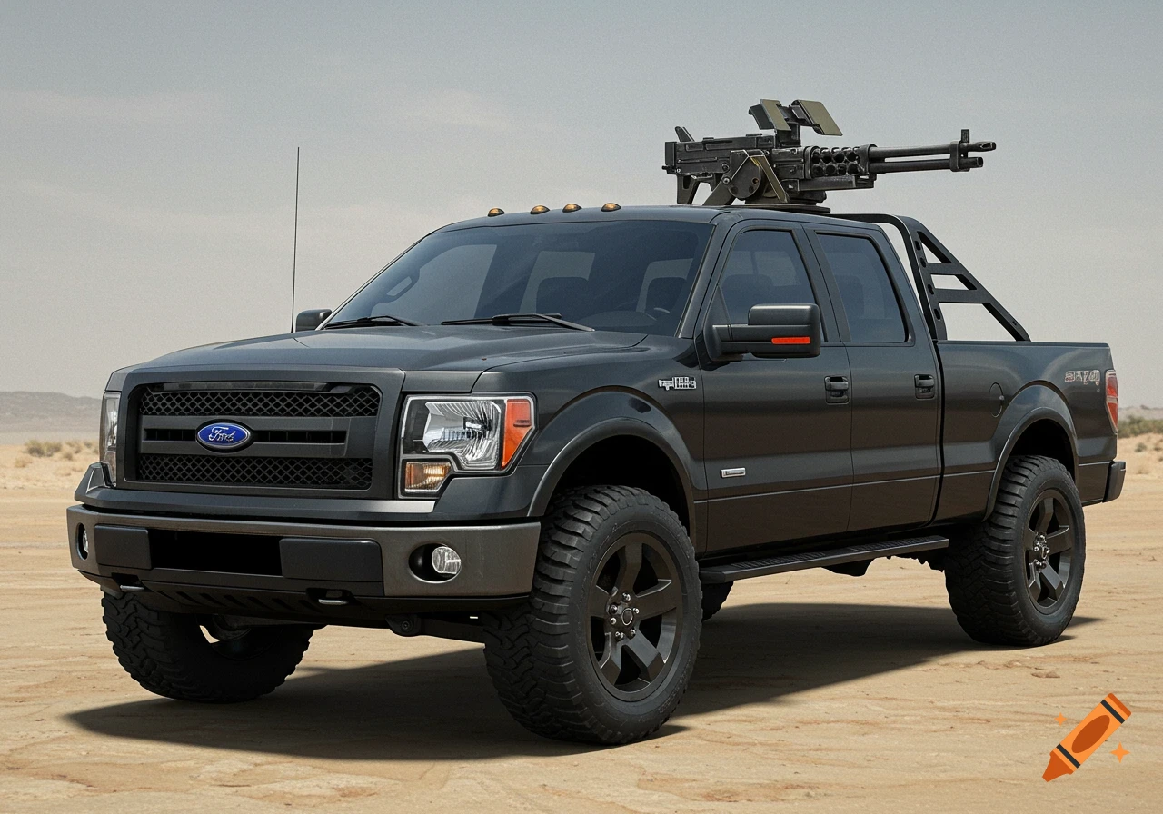 A dark gray Ford F-150 style pickup truck with a large machine gun mounted on its roof, parked in a sandy desert landscape.