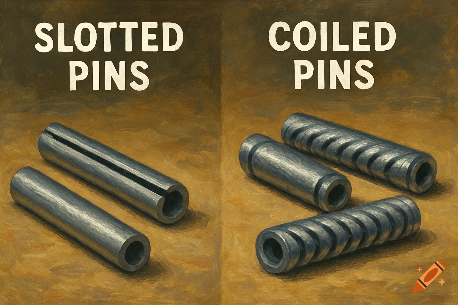 Slotted pins and coiled pins are displayed with their labels on a textured brown background, in a painterly style.