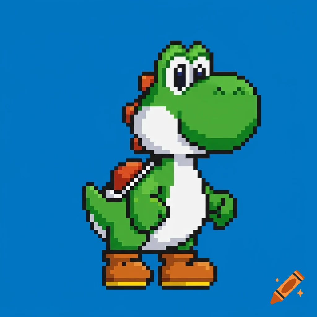 A vibrant pixel art illustration of Yoshi, the green dinosaur character from Nintendo, standing against a blue background.