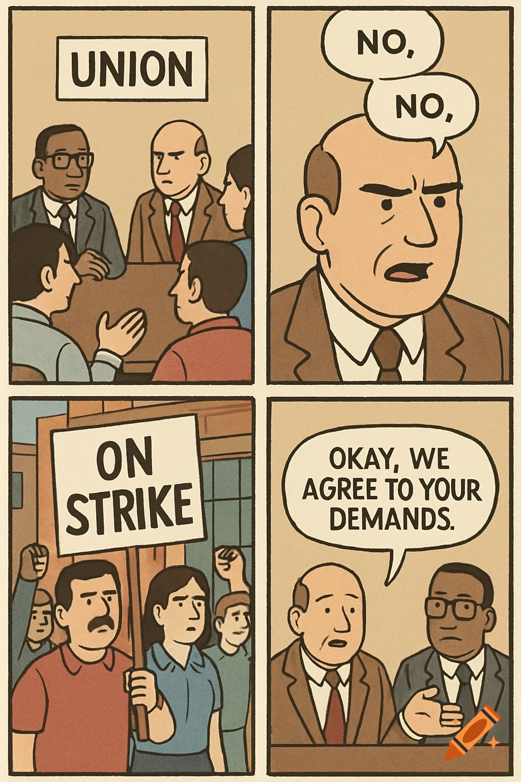 A four-panel comic strip depicting a union and management negotiation, a strike, and management agreeing to demands.