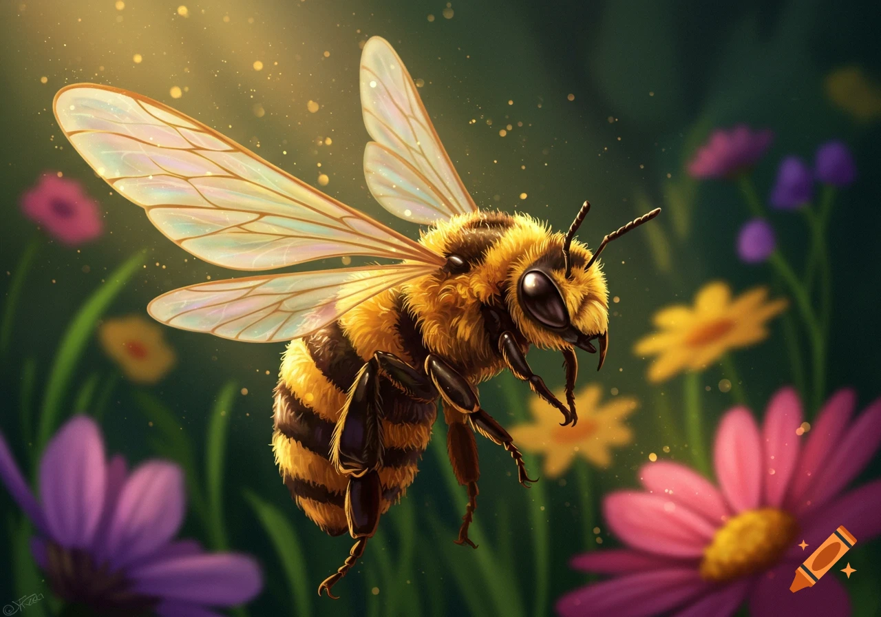 A vibrant honey bee with glistening wings hovers among colorful pink, purple, and yellow flowers in a sunlit garden.