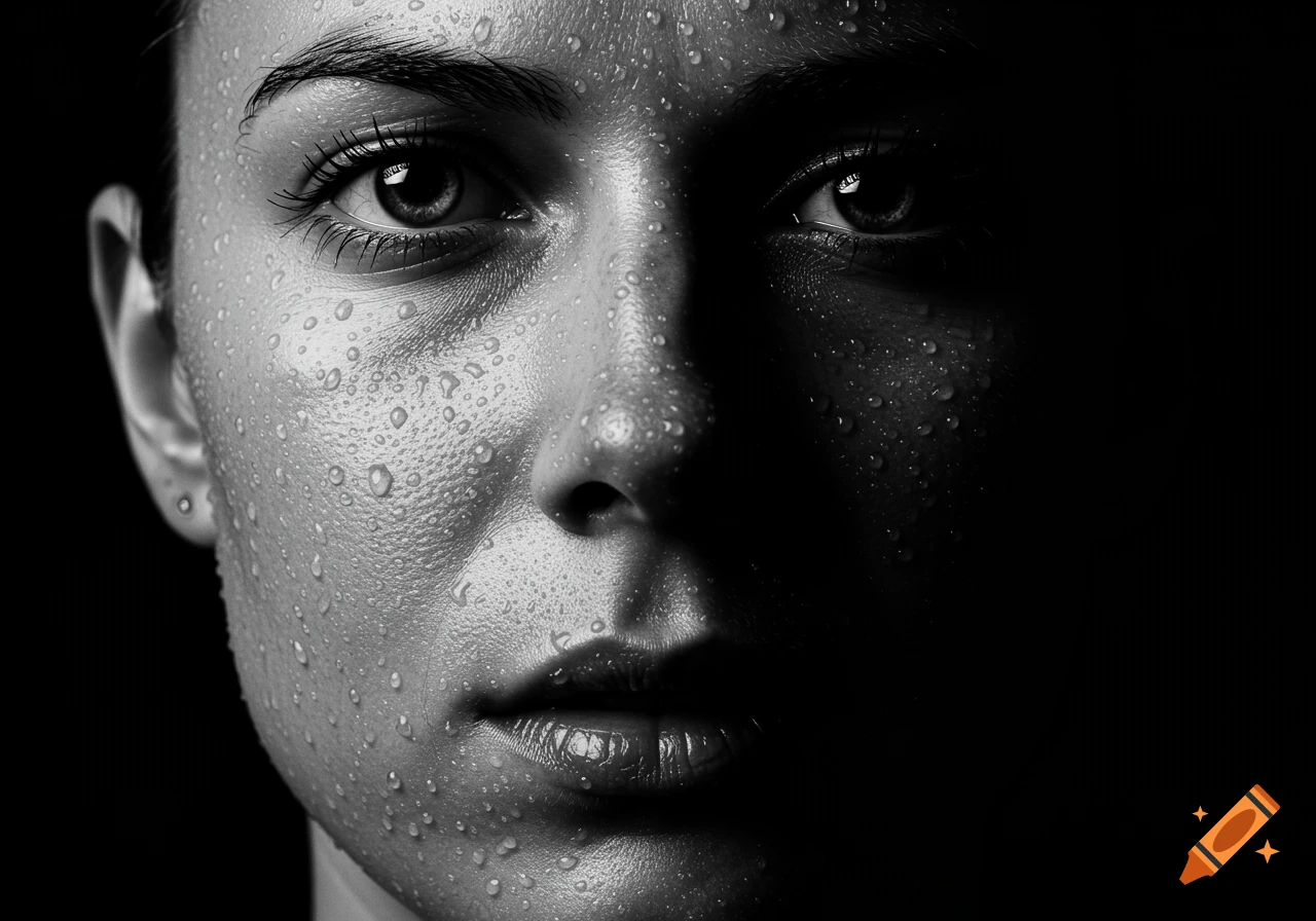 High-contrast, black and white close-up portrait of a person's face covered in water droplets against a dark background.
