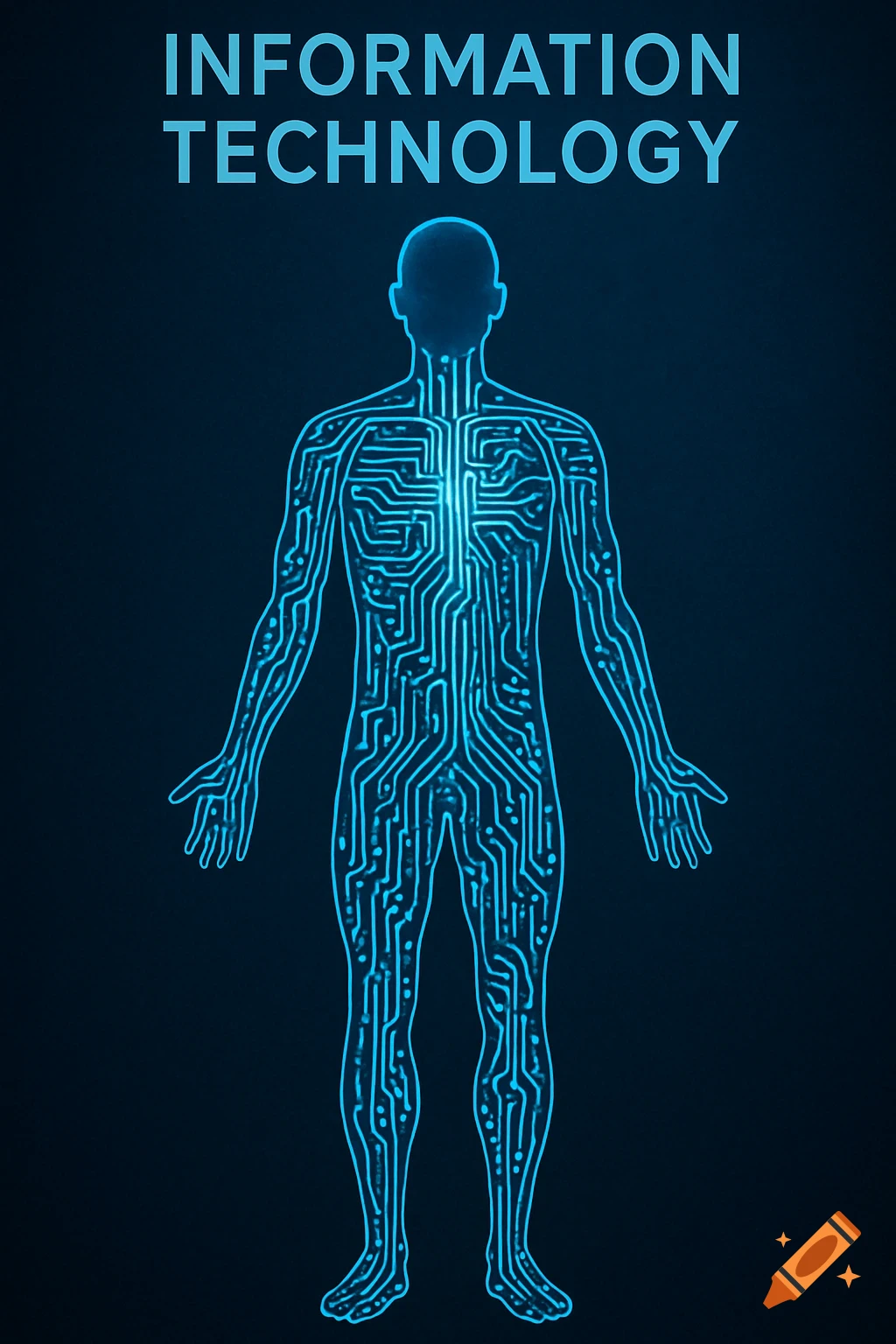 Glowing blue human body silhouette made of circuit board patterns, with 'INFORMATION TECHNOLOGY' text above on a dark background.