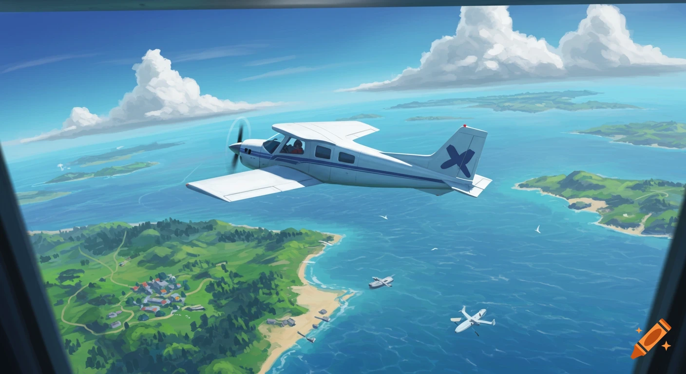 A stylized view from an airplane window showing a white plane flying over a blue ocean with green islands.
