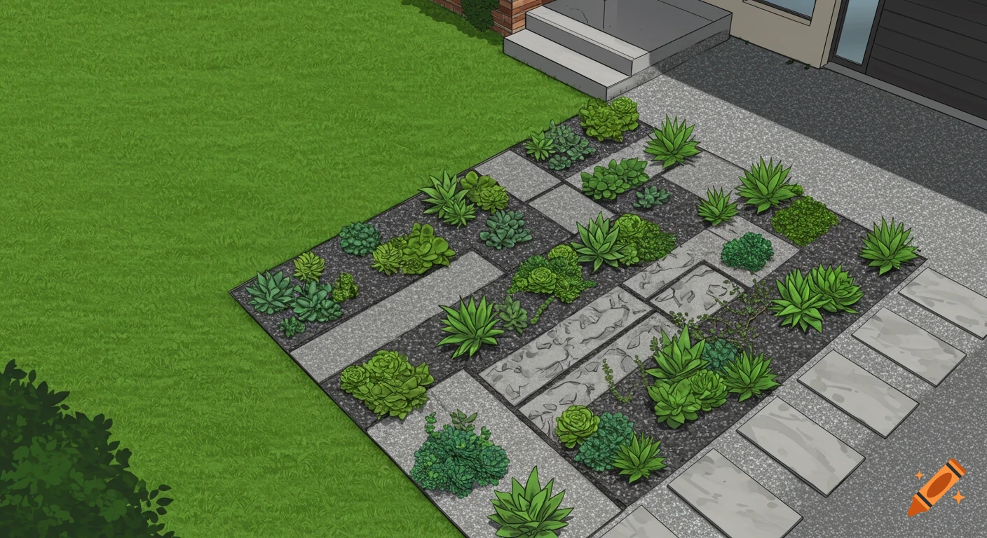 An illustrative design of a modern front yard with half green lawn and half xeriscaping, featuring succulents, gravel, and stone paths.