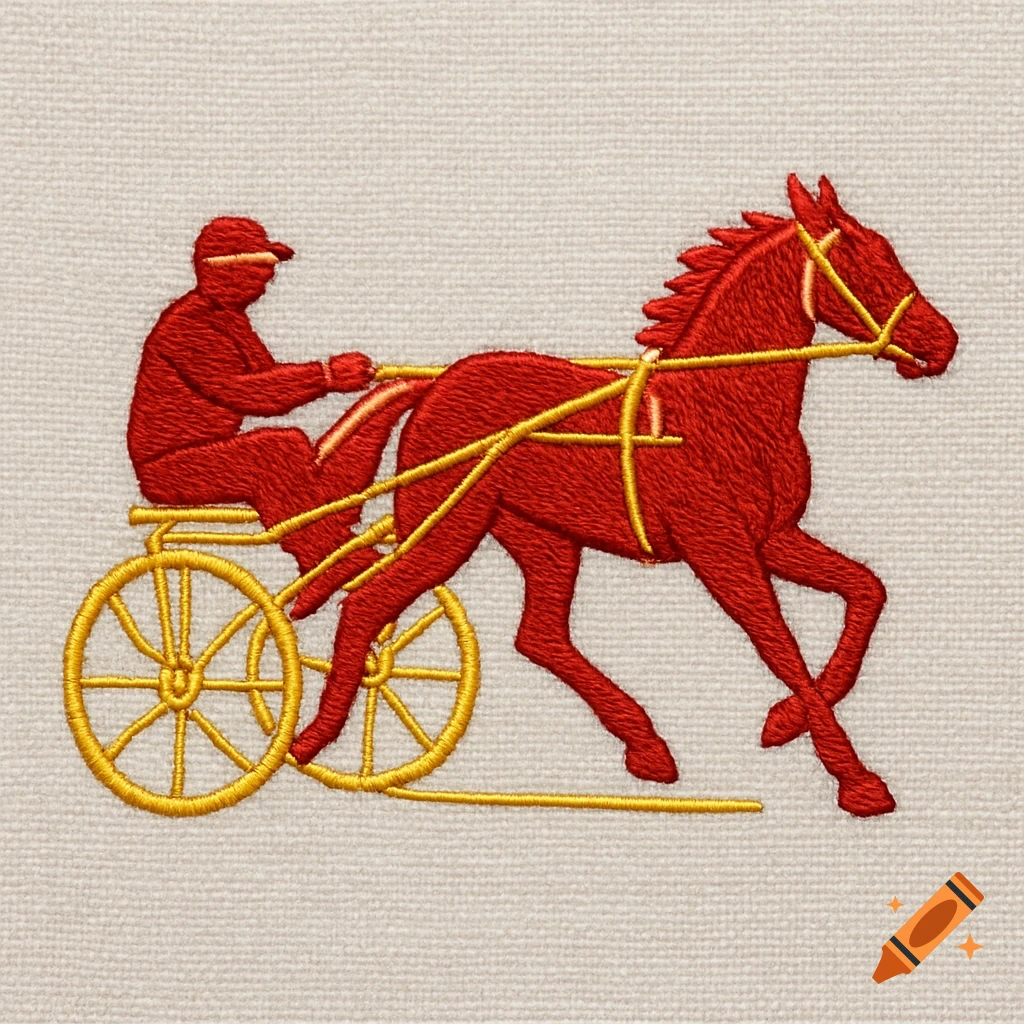 A red embroidered horse and driver in a yellow harness and cart, depicted in a harness racing logo style.