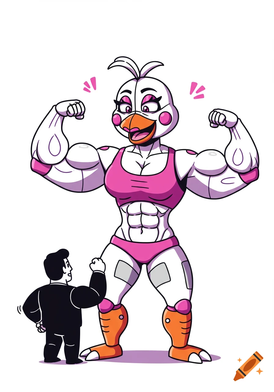 Cartoon illustration of a muscular Funtime Chica flexing her biceps to a smaller man.