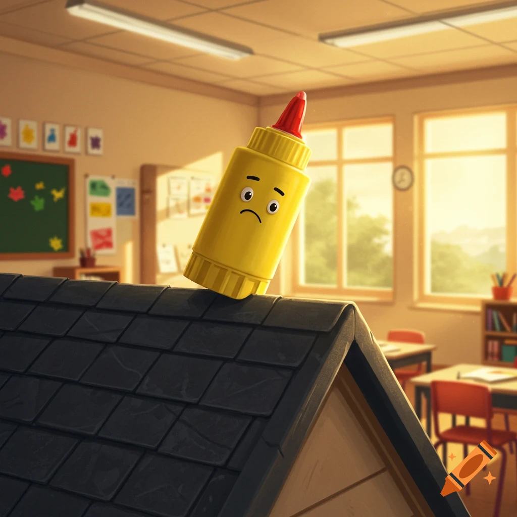 A sad yellow glue stick on a black roof in a sunlit classroom.