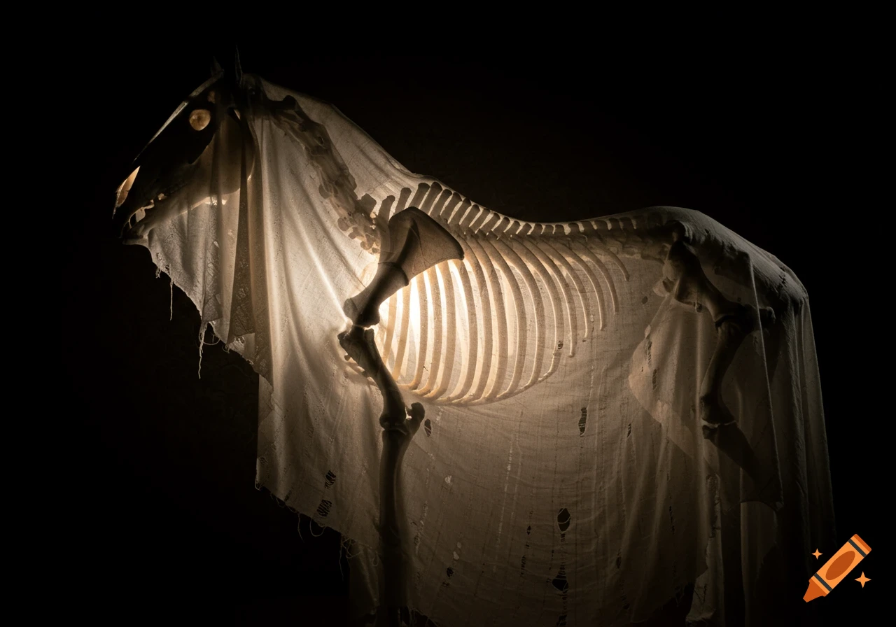 Photorealistic horse skeleton covered in ragged white cloth, lit from within its ribcage in a dark setting.