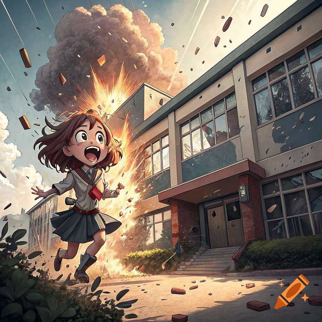 Anime girl with brown hair running from a large explosion behind a school building, debris flying, in a dynamic comic art style.