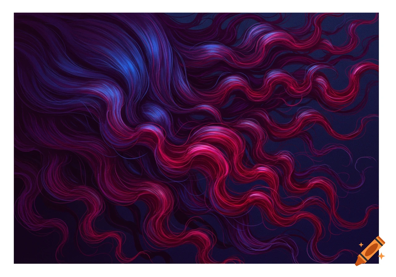 Flowing wavy strands of hair in electric blue, purple, and fuchsia against a dark background, abstract art.