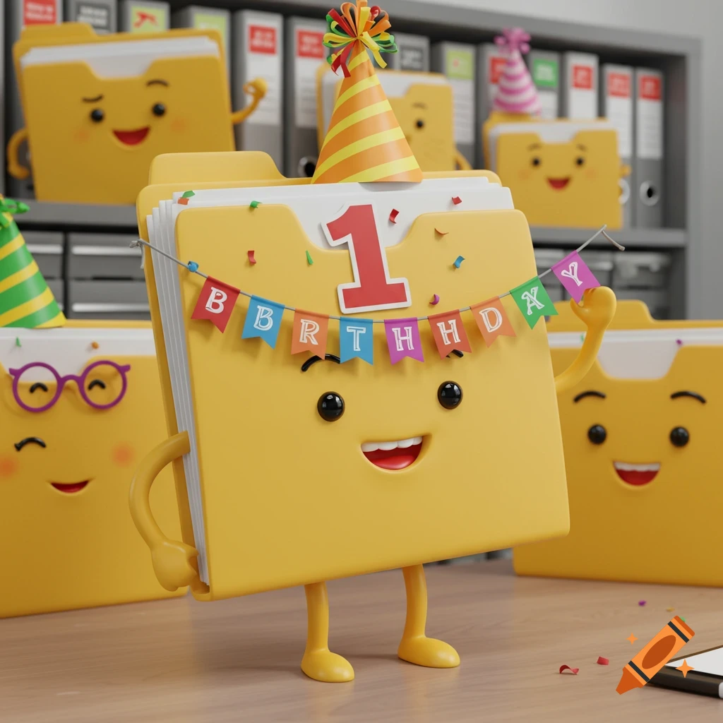 A cartoonish yellow file folder with a number 1 and a "BIRTHDAY" banner, wearing a party hat, standing on a desk with other folders.