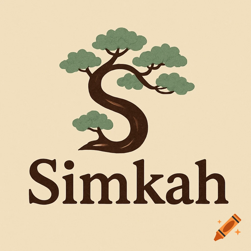 A logo with a dark brown S-shaped tree trunk, green leaves, and the word "Simkah" in brown text below, on a warm beige background.
