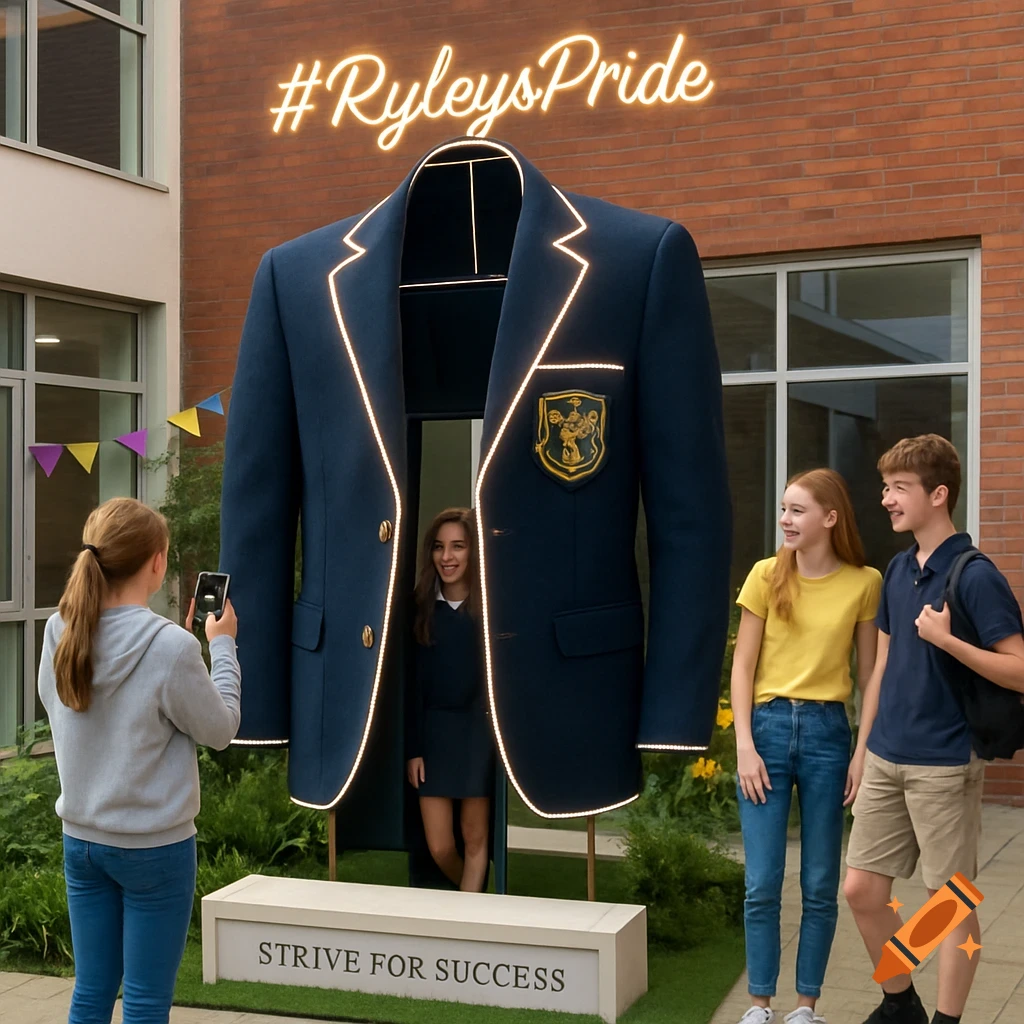 Students interact with a giant, glowing school blazer art installation in a bright school courtyard.