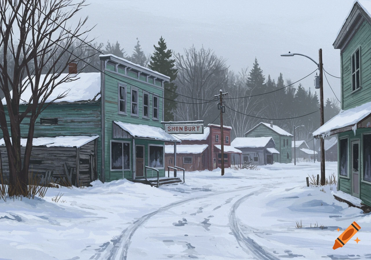 A snow-covered, deserted small town street with old, run-down buildings under a grey sky. Illustrated style.