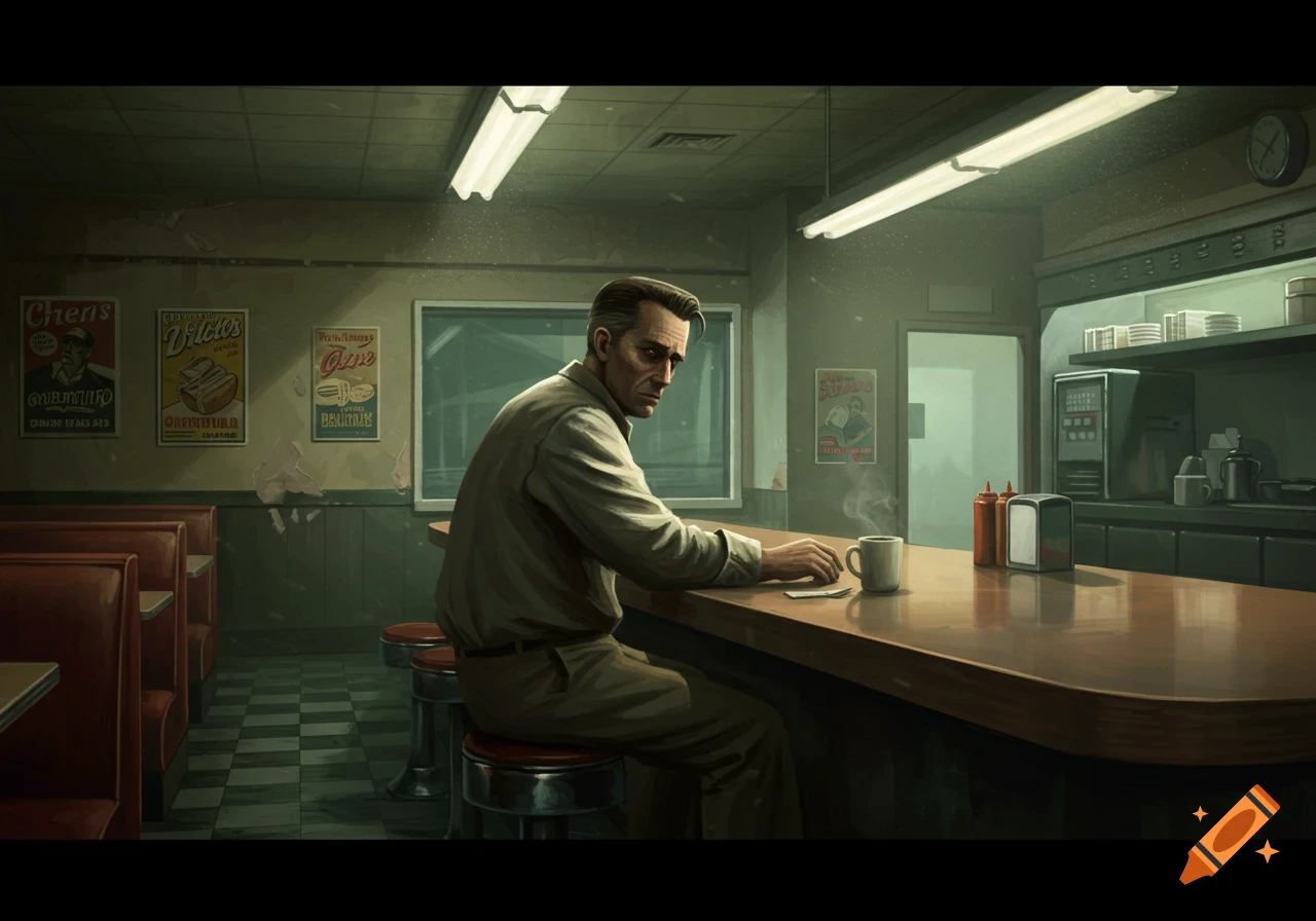 A solemn man sits alone at a diner counter with a steaming coffee cup in a dimly lit, moody setting.
