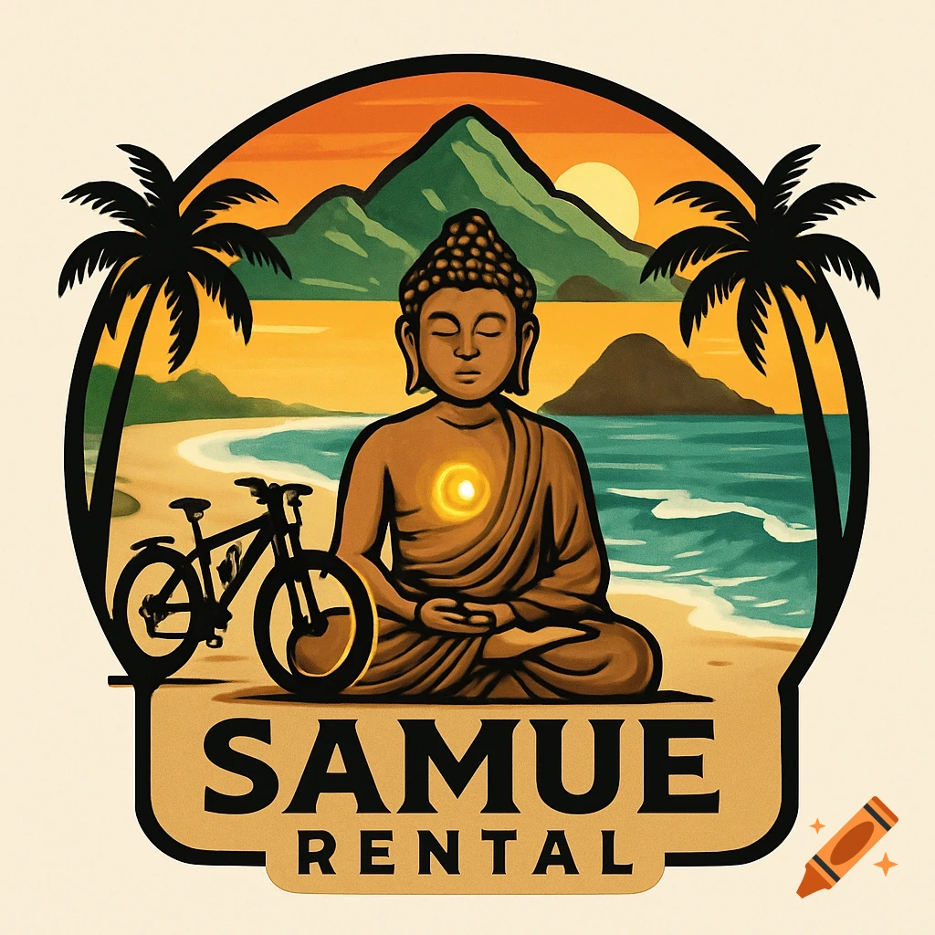 A stylized logo featuring a meditating Buddha with a glowing chest, a bicycle, palm trees, and a beach with mountains and sunset. Text reads 'SAMUE RENTAL'.