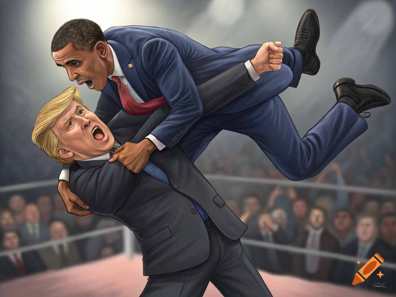 Cartoon illustration of Barack Obama performing a German suplex on Donald Trump in a wrestling ring with a crowd.