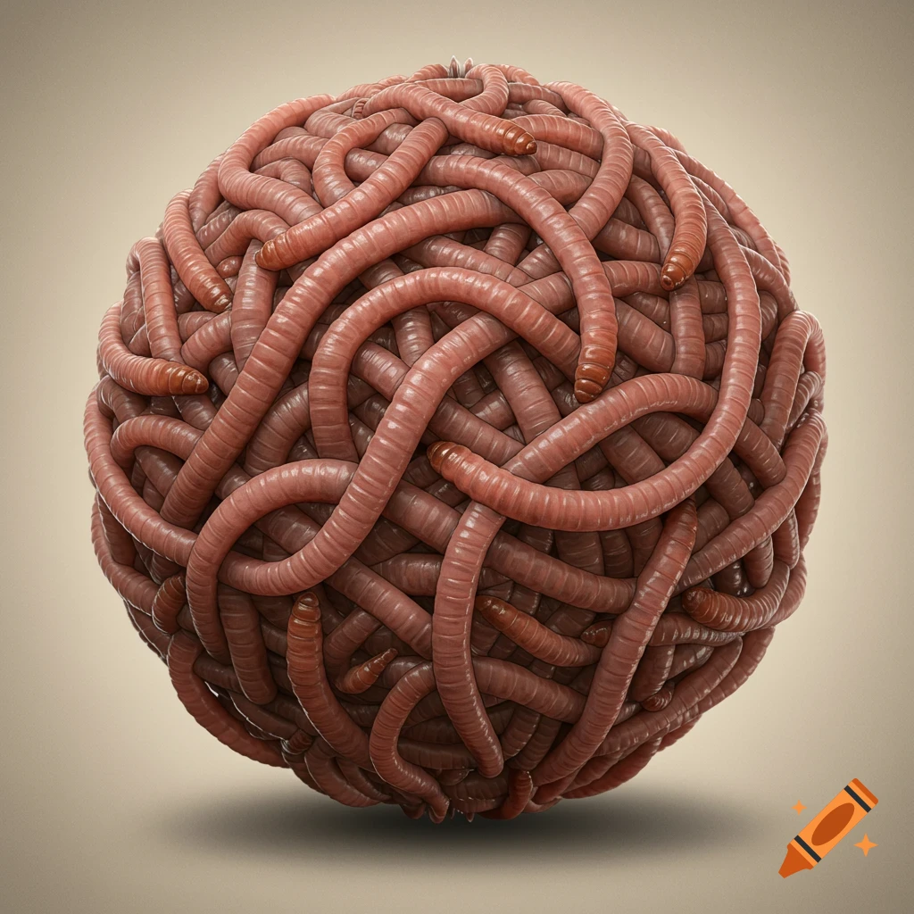 A photorealistic close-up of a sphere made entirely of intertwined reddish-brown earthworms on a neutral background.