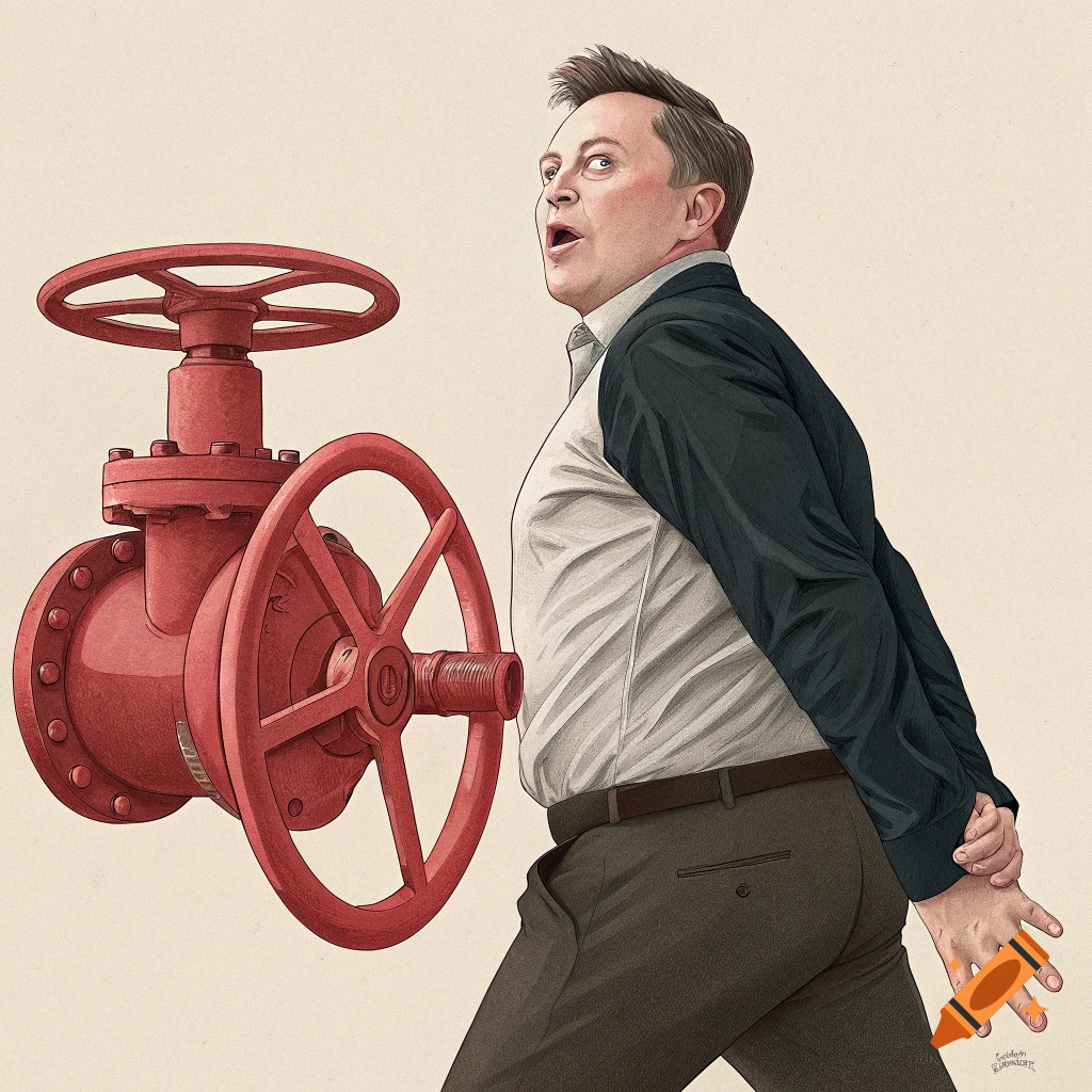Caricature illustration of Elon Musk looking surprised, with a large red industrial valve wheel attached to his lower back.