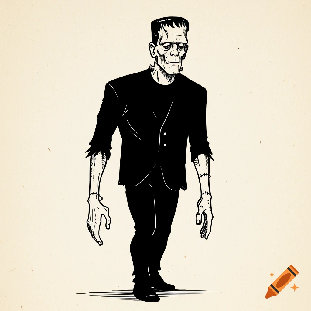 A simple line illustration of Frankenstein's monster.