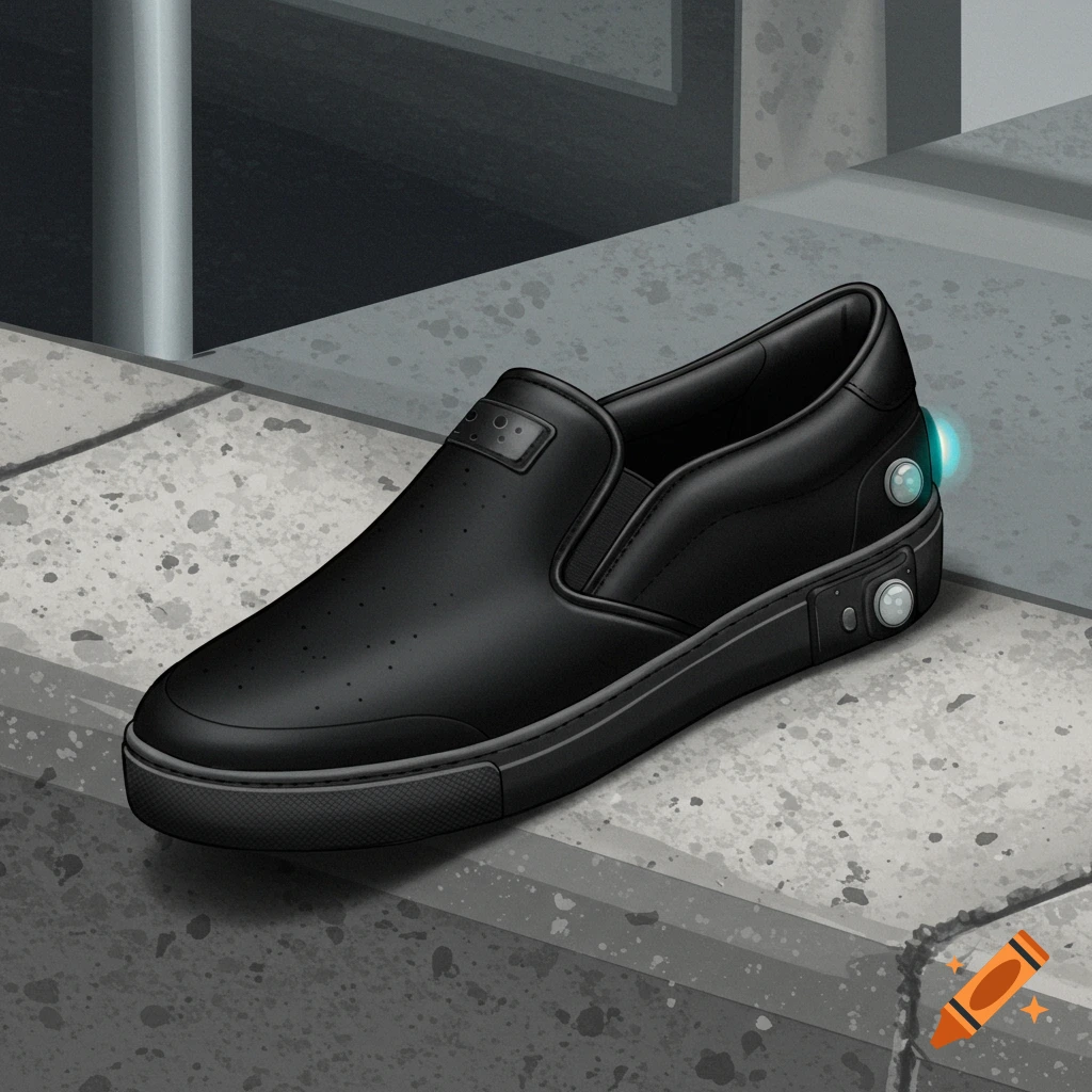 A black slip-on sneaker with a glowing blue light and buttons on its side, resting on a concrete sidewalk.