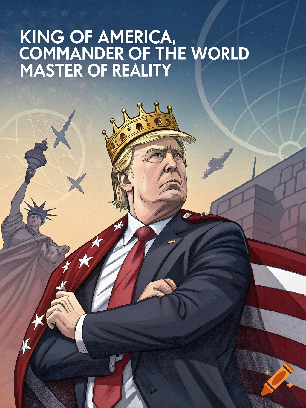 Stylized illustration of Donald Trump wearing a crown and an American flag cape, with the Statue of Liberty in the background.