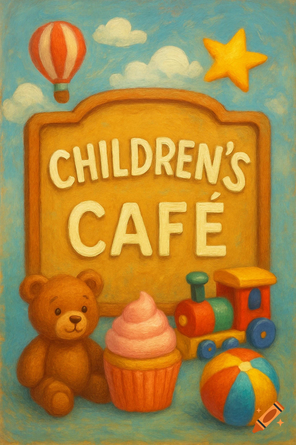 A painted sign reads 'CHILDREN'S CAFE' with a teddy bear, cupcake, toy train, beach ball, hot air balloon, and star in a whimsical style.