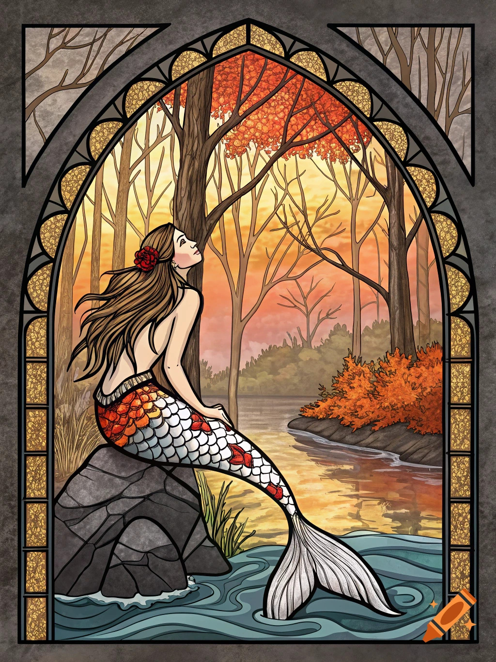 Stained glass art of a mermaid with a koi fish tail sitting on a rock in an autumn forest by a river.
