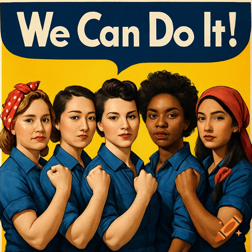 Five diverse women in blue work shirts and various head coverings stand together with clenched fists, below a blue speech bubble with "We Can Do It!" on a yellow background, in a vintage poster style.