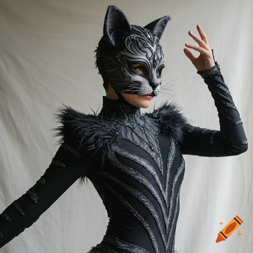 A person wearing an elaborate black and grey cat-inspired dance costume with a feline mask and feathery details.